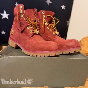 Timberland Premium 6-Inch Waterproof Boots Burgundy Nubuck, Size 8